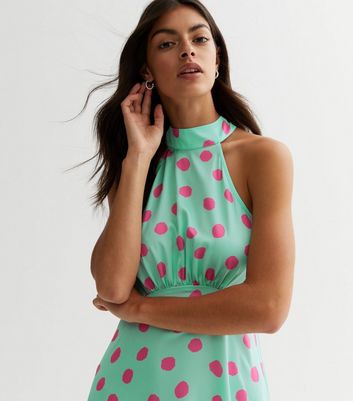 Blue Spot Halter Neck Mini Dress New Look