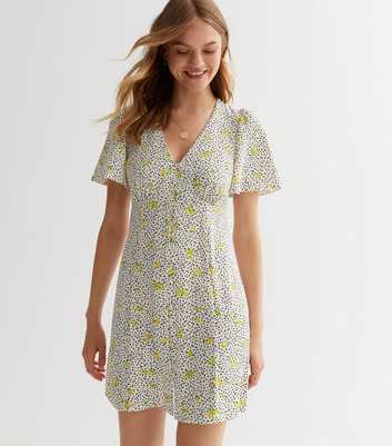 White Lemon Spot Button Front Mini Dress