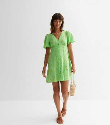 Green Lemon Spot Button Front Mini Dress