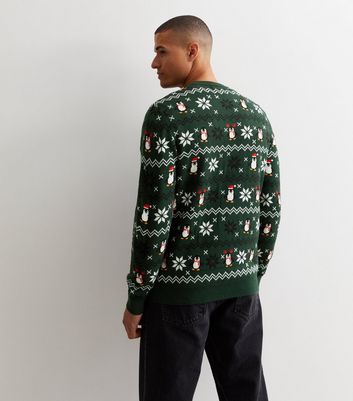 Men's Dark Green Penguin Print Knitted Jumper New Look