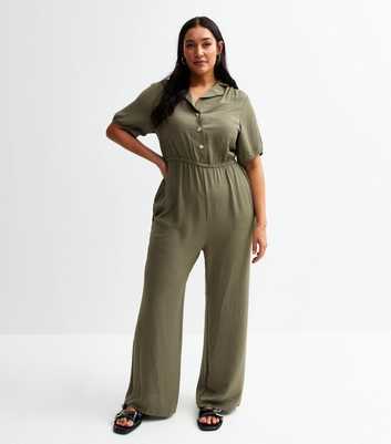 Curves Khaki Herringbone Button Front Jumpsuit