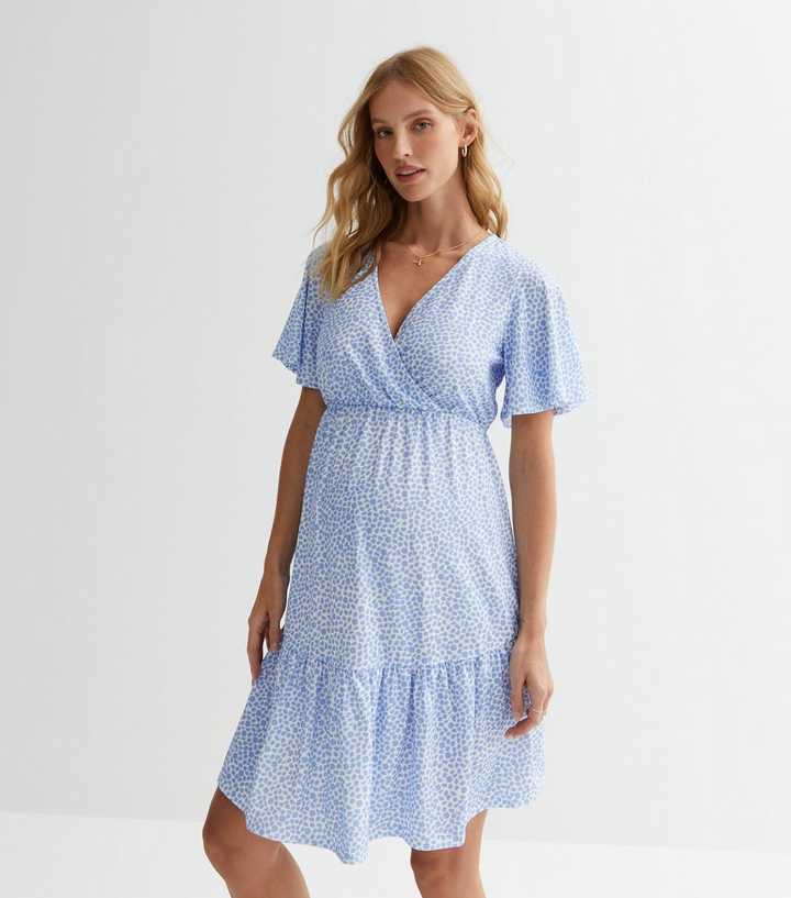 Maternity Blue Spot Flutter Sleeve Mini Dress