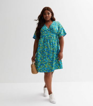 Curves Blue Floral Wrap Mini Dress New Look