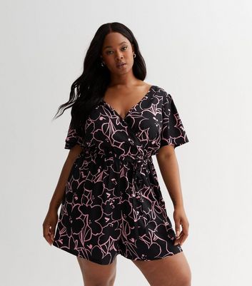Curves Black Floral Shirred Wrap Playsuit New Look