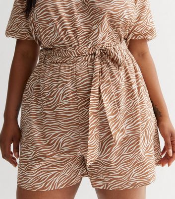 Curves Brown Cotton Zebra Print Belted Shorts New Look