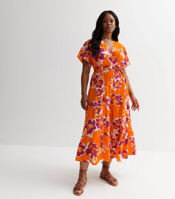 Curves Orange Floral Wrap Midi Dress New Look