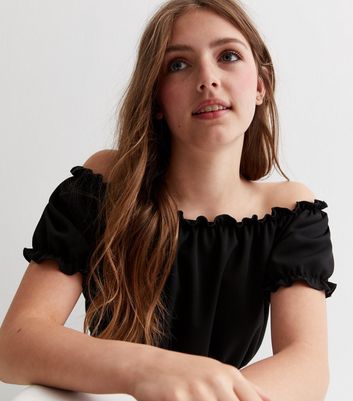 Girls Black Frill Bardot Top New Look