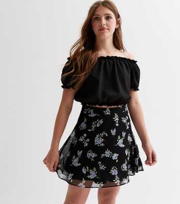 Girls Black Floral Chiffon Mini Skirt