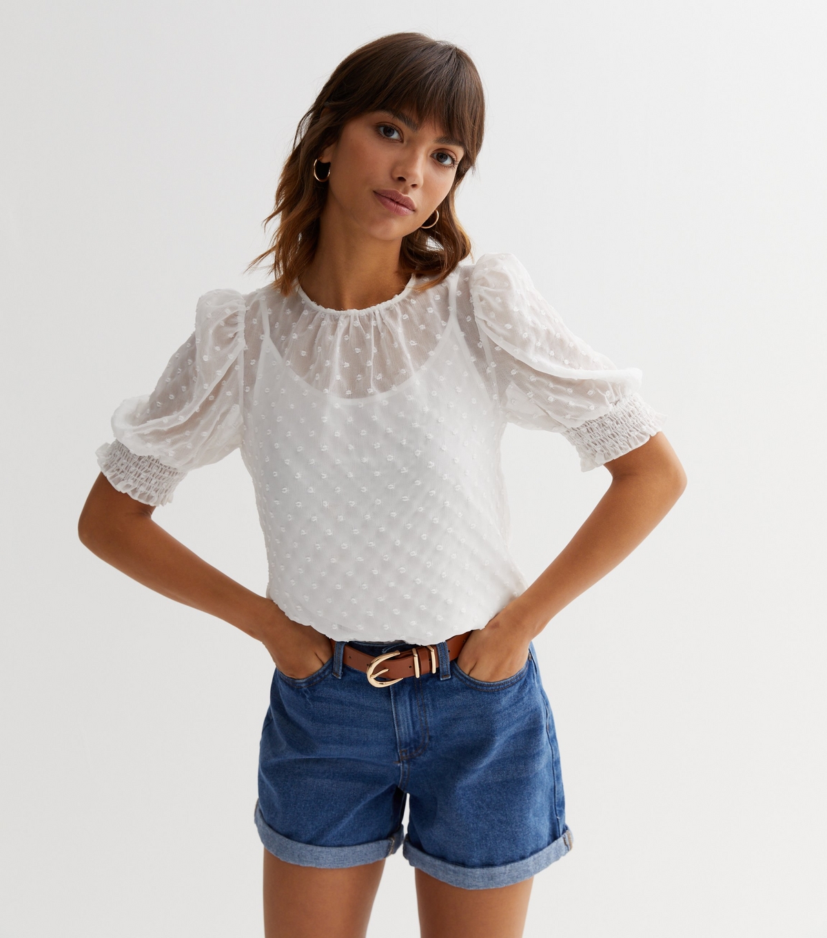 Women's White Spot Chiffon Puff Sleeve Blouse Gini London New Look
