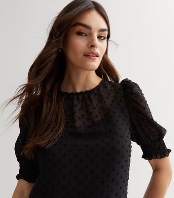 Gini London Black Spot Chiffon Puff Sleeve Blouse New Look