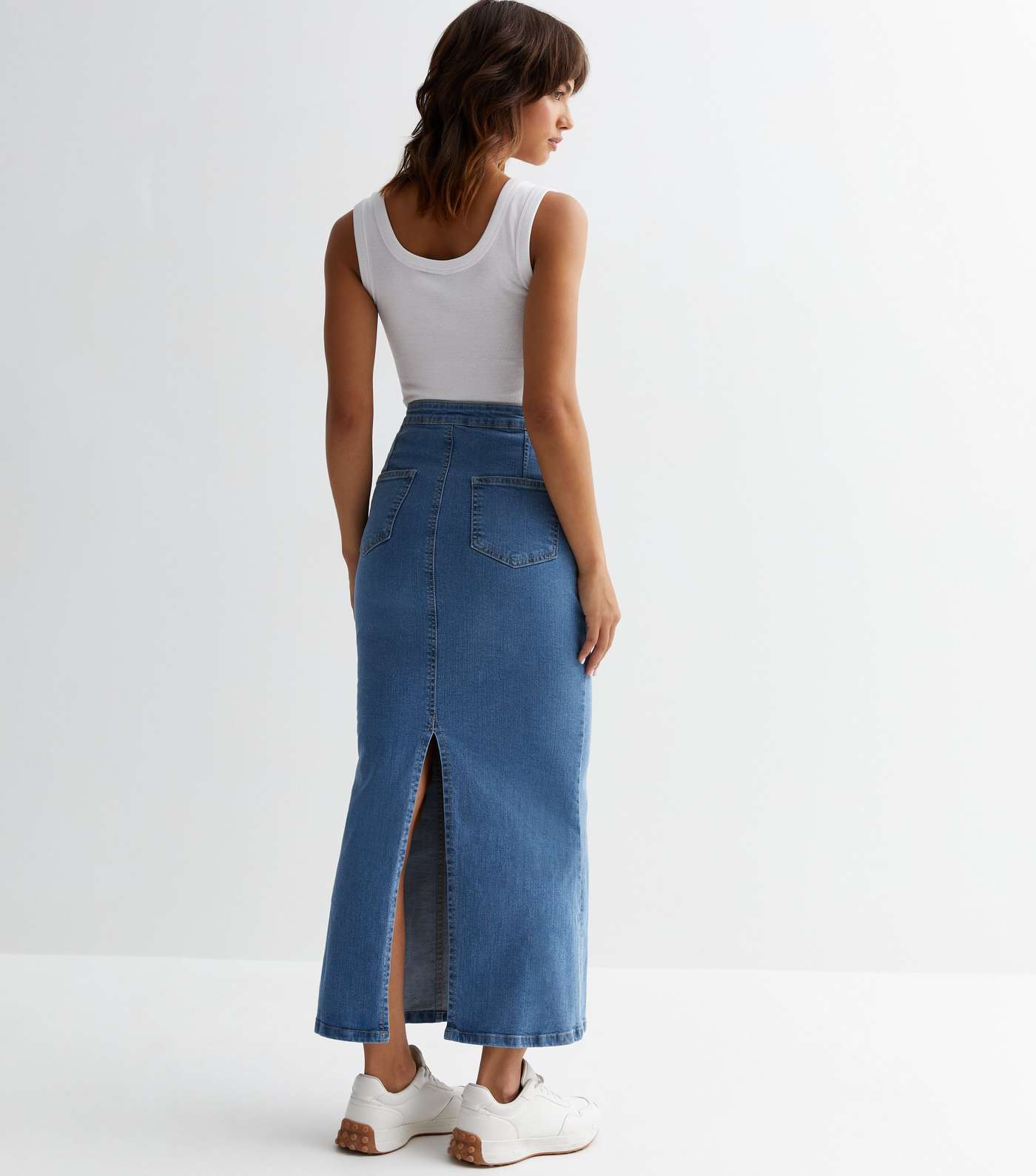 Blue Denim Exposed Seam Maxi Skirt Image 4