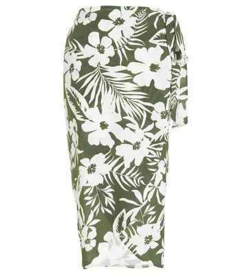 QUIZ Light Green Floral Midi Wrap Skirt New Look