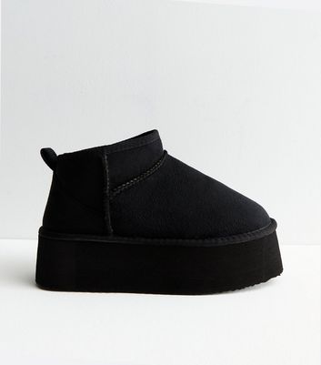 Truffle Collection Black Suedette Faux Fur Flatform Ankle Boots