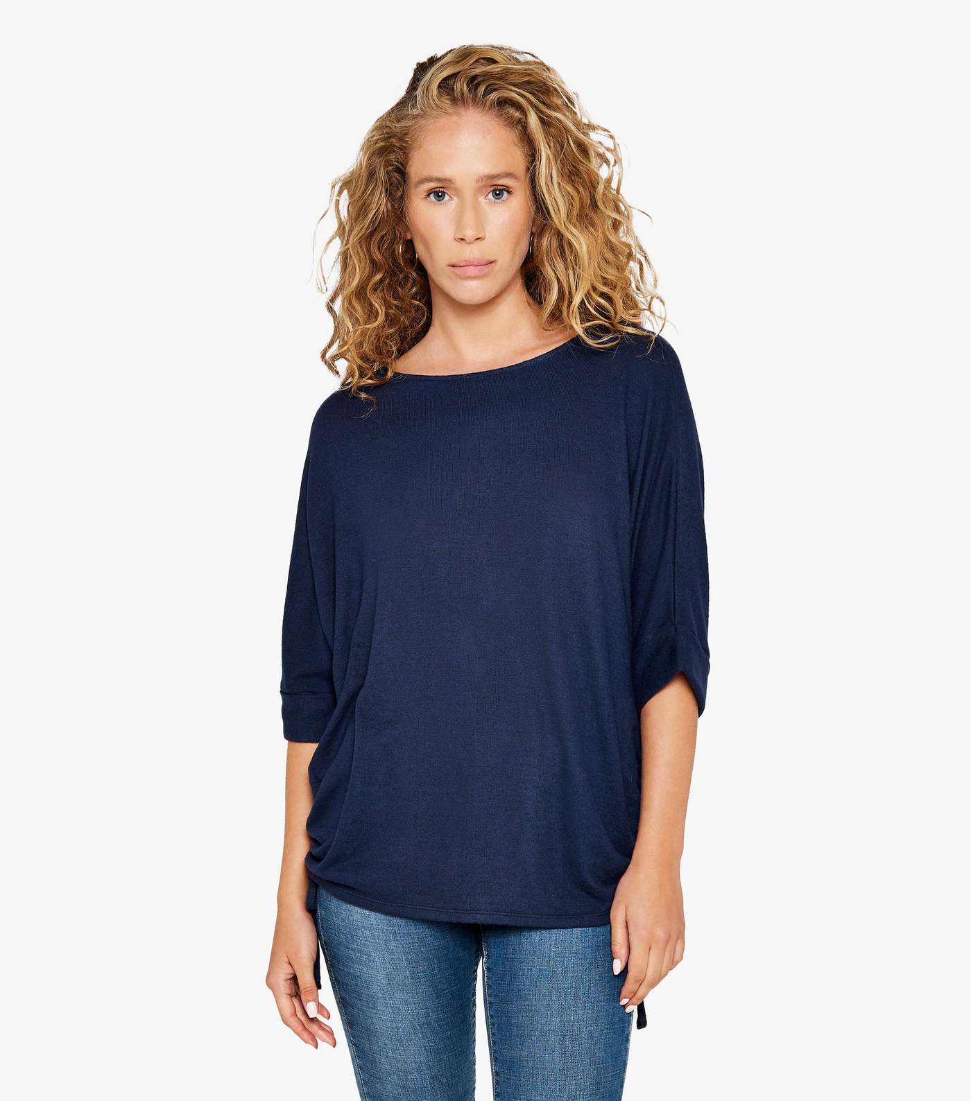 Apricot Navy Soft Touch Ruched Side Batwing Top Image 4