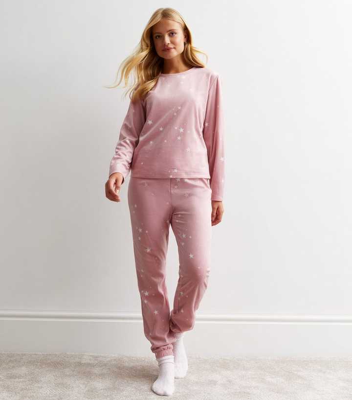 Pink Fleece Pyjama Set with Star Print