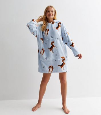 Blue Beagle Print Fleece Oversized Blanket Hoodie New Look