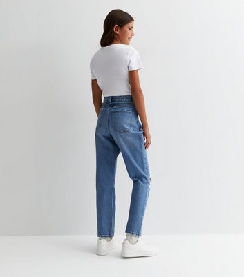Girls Blue Ripped Relaxed Fit Moira Mom Jeans New Look