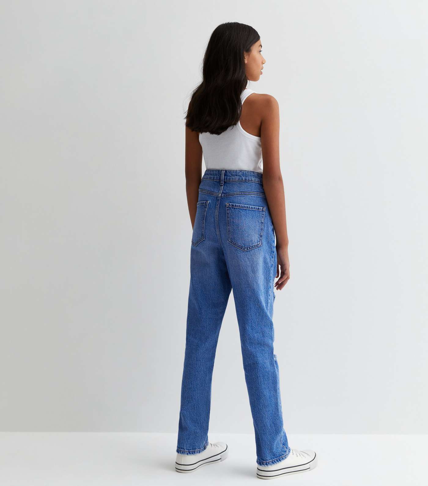 Girls Bright Blue Ripped Slim Fit Tori Mom Jeans Image 5