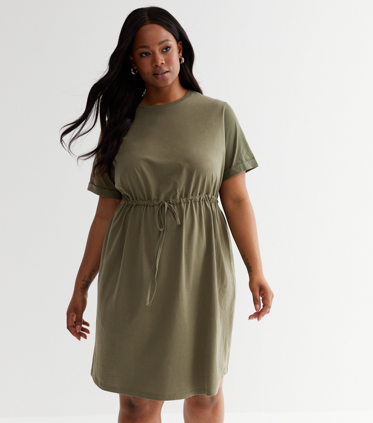 Women's Plus Size Khaki Cotton Tie Waist Mini Dress Curves New Look