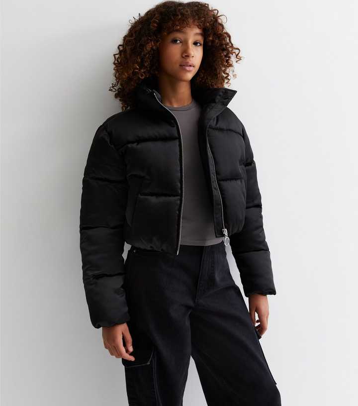 Girls Black Satin Zip Up Puffer Jacket