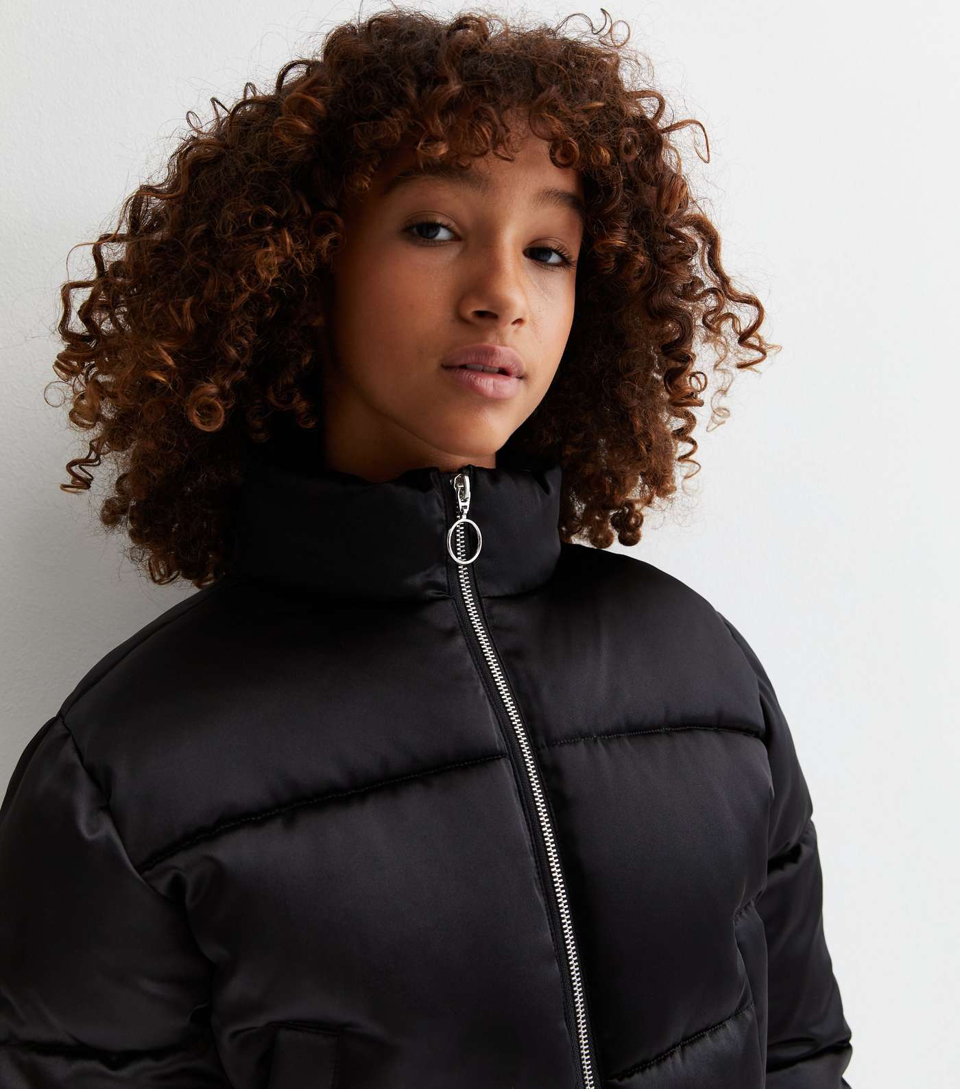 Girls Black Satin Zip Up Puffer Jacket Image 2