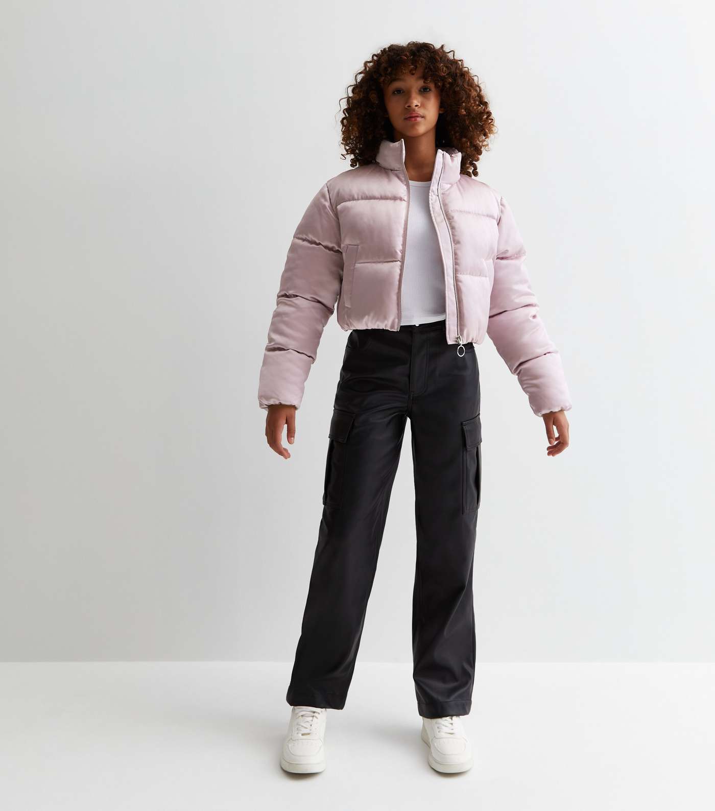 Girls Lilac Satin Zip Up Puffer Jacket Image 3