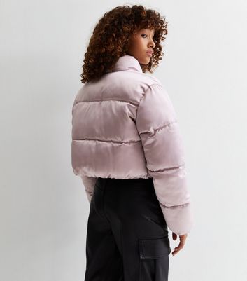 Pink satin puffer clearance jacket