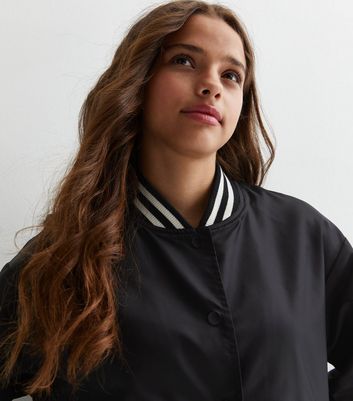 Girls Black Shine Bomber Jacket New Look