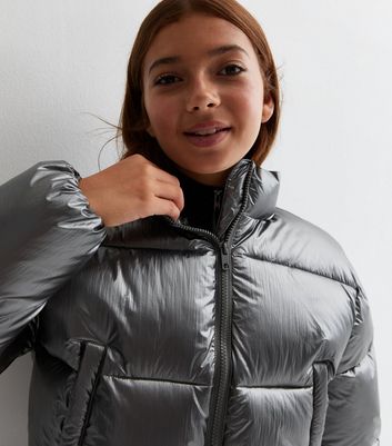 Girls Silver Metallic Crop Puffer Jacket New Look