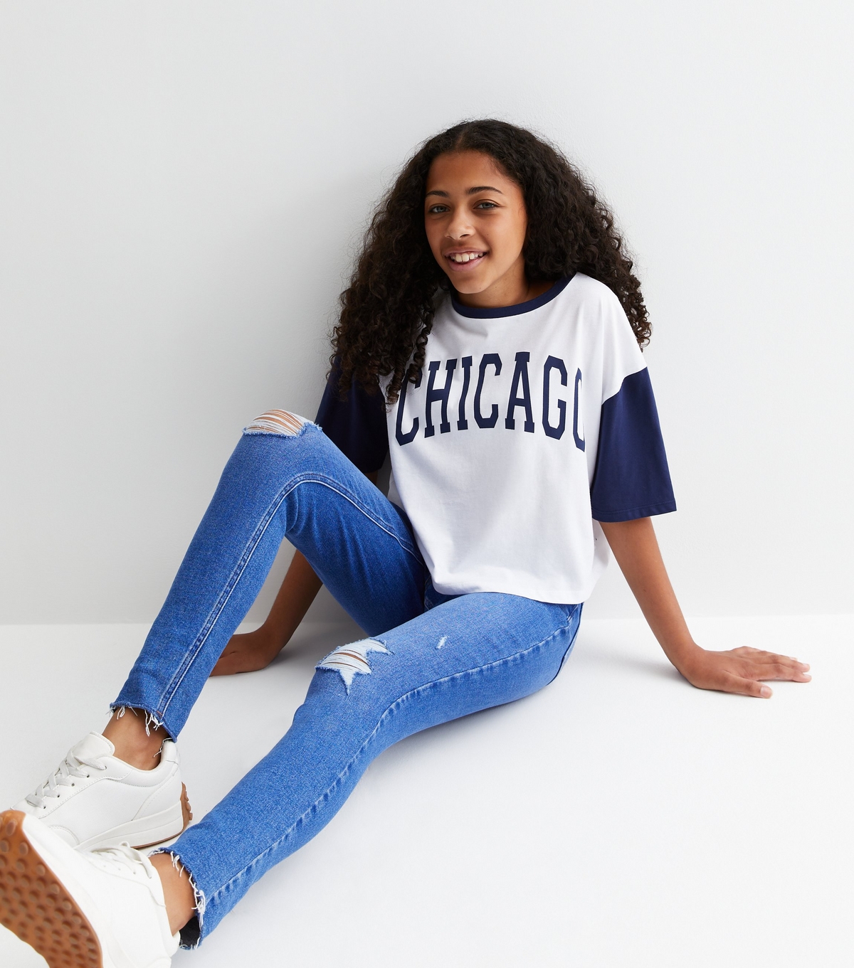 Girls' Bright Blue High Waist Ripped Knee Hallie Super Skinny Jeans New Look