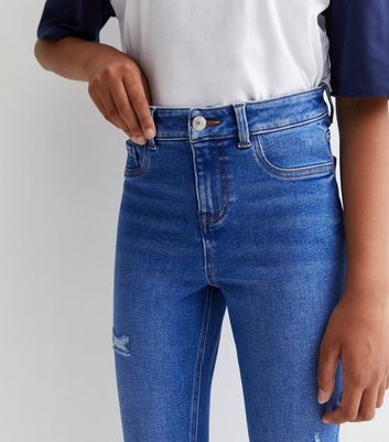 Girls Bright Blue High Waist Ripped Knee Hallie Super Skinny Jeans New Look