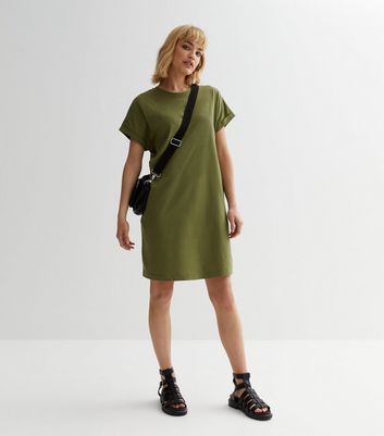 Khaki Roll Sleeve Mini T Shirt Dress New Look