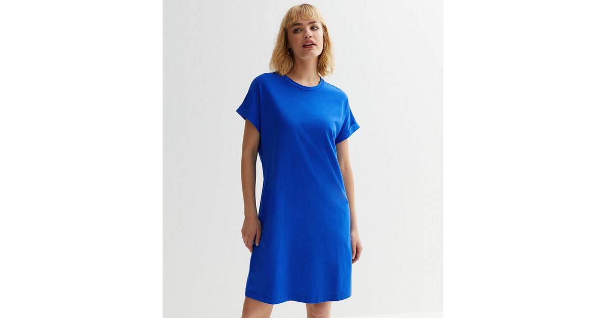 Blue Roll Sleeve Mini TShirt Dress New Look