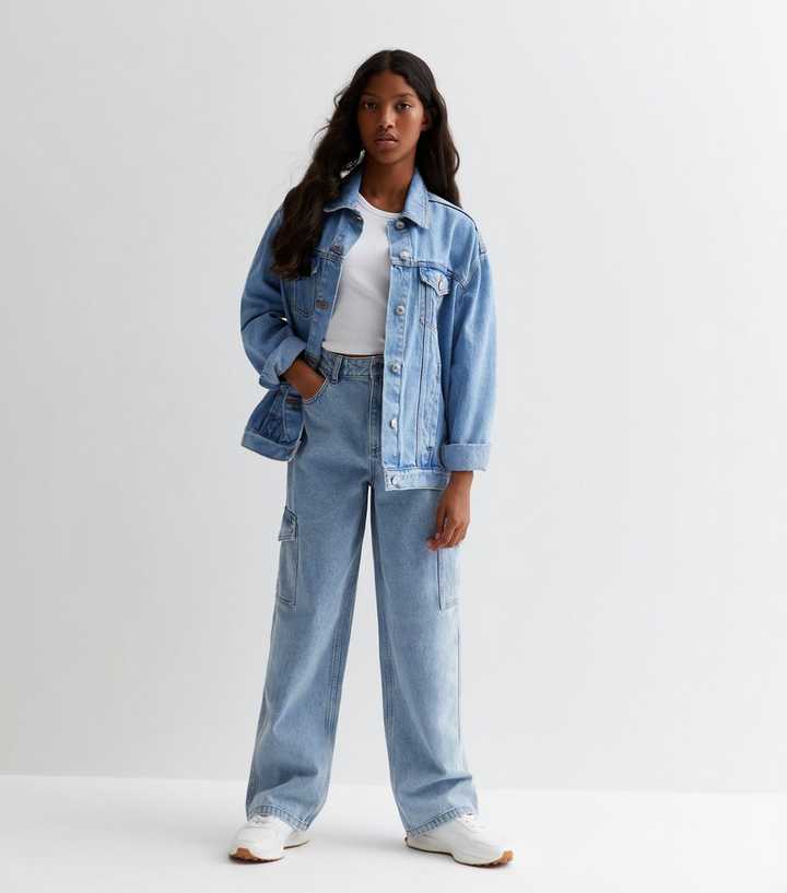 Girls Pale Blue High Waist Wide Leg Cargo Jeans