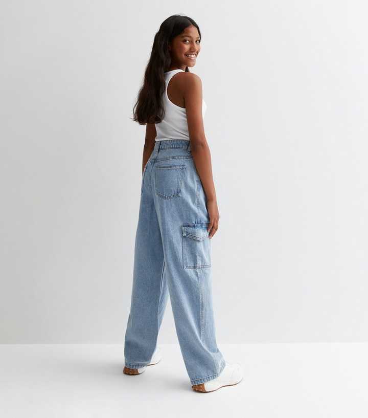 Girls Pale Blue High Waist Wide Leg Cargo Jeans