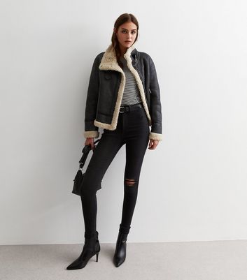 Black cropped cheap aviator jacket