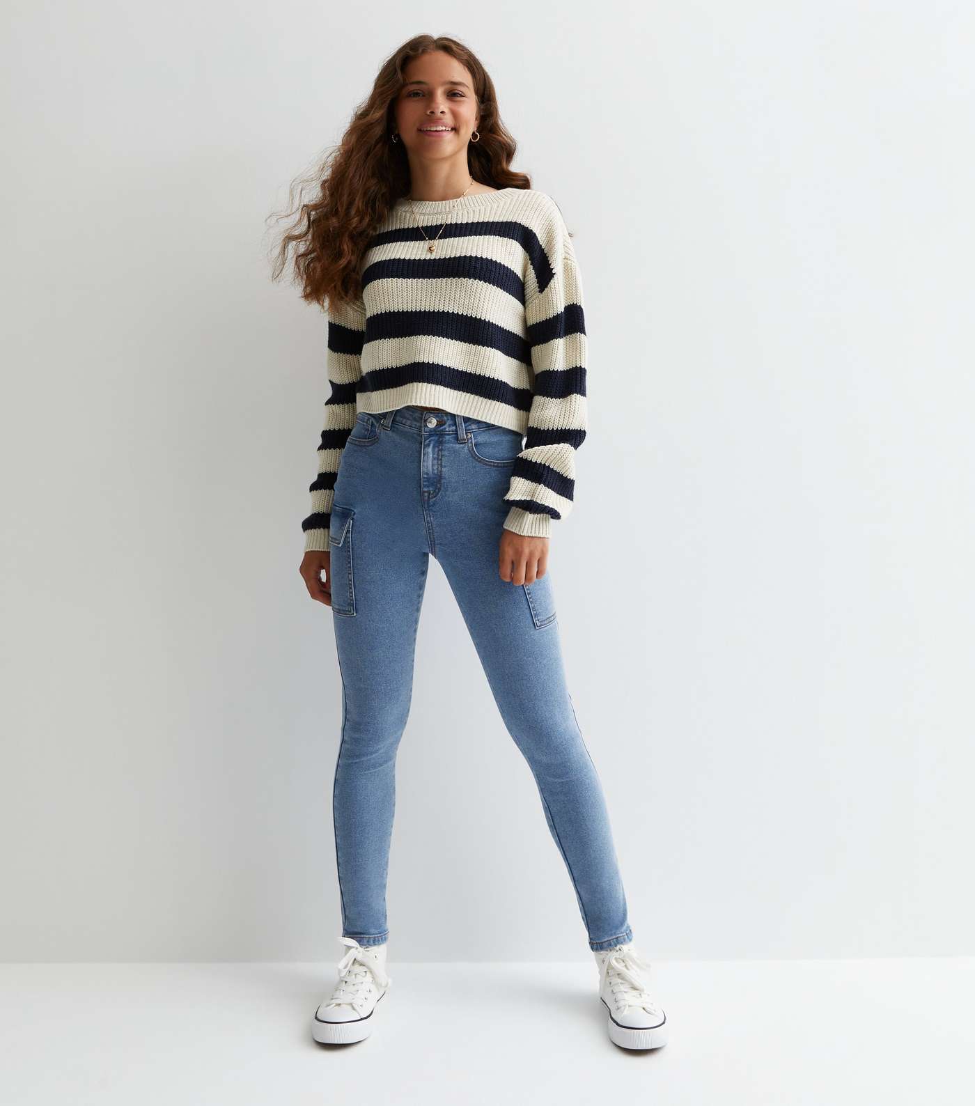 Girls Blue High Waist Hallie Super Skinny Cargo Jeans Image 2