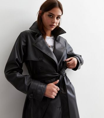 Ladies black clearance leather trench coat