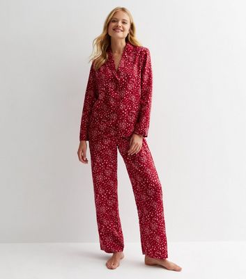Red Satin Trouser Pyjama Set with Heart Print New Look