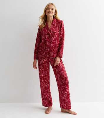 Red Satin Trouser Pyjama Set with Heart Print