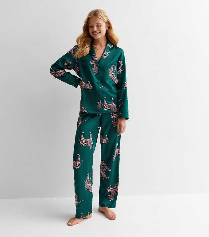 Satin Zebra Print Pjs Green Satin Revere Trouser Pyjama Set With