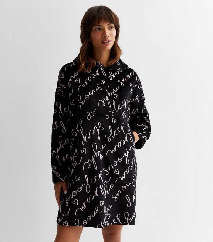 Black Fleece Sleep Script Oversized Blanket Hoodie | New Look
