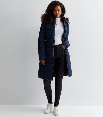 Tall Navy Faux Fur Hooded Belted Puffer Parka Jacket New Look