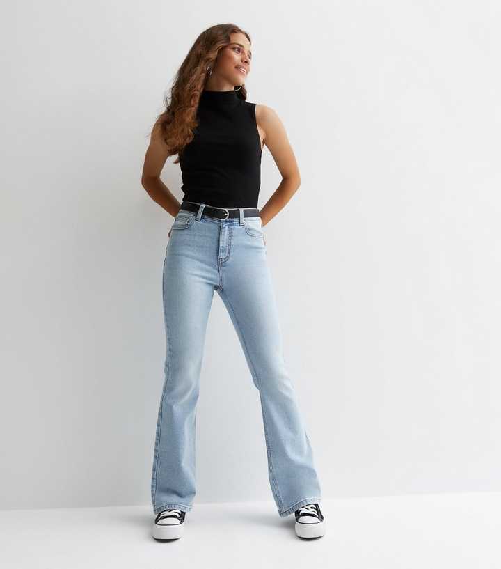Girls Pale Blue Belted Flare Jeans