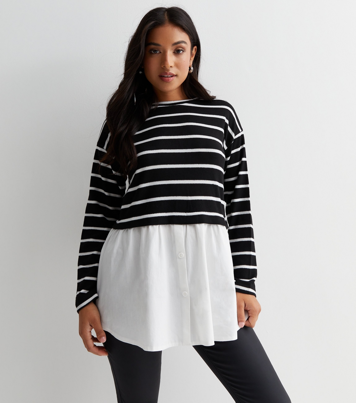 Women's Petite Black Stripe Fine Knit 2-in-1 Jumper New Look
