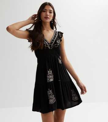 Black Embroidered Frill Detail Mini Dress