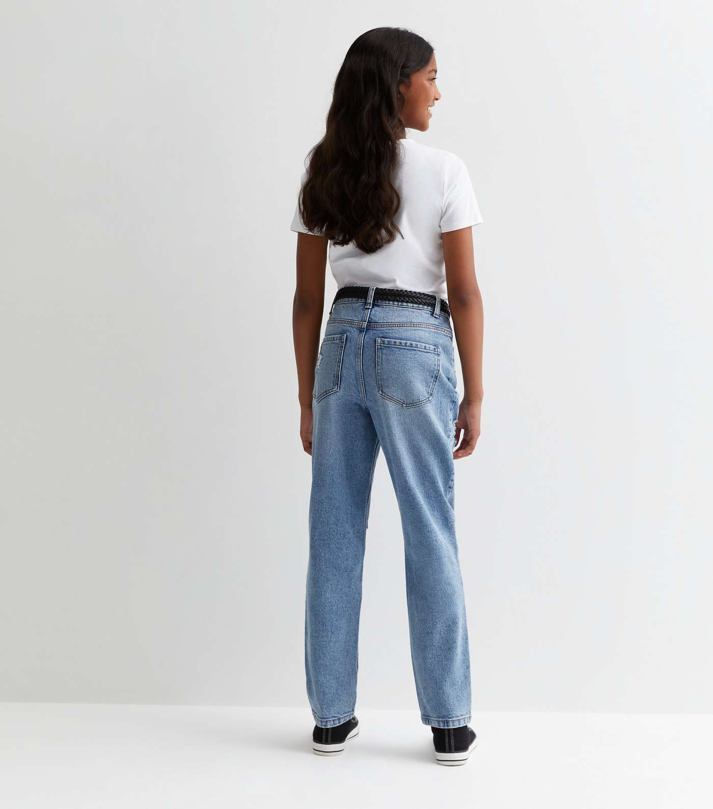 Girls Blue Ripped Knee Belted Moira Mom Jeans Image 4