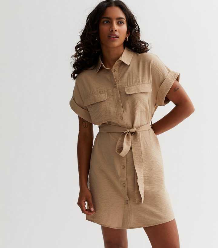 Petite Camel Utility Mini Shirt Dress