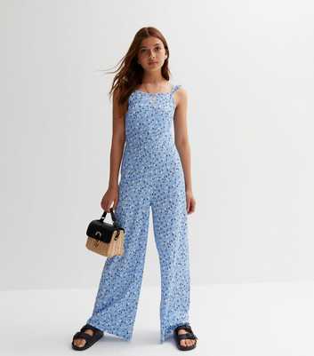 Girls Blue Floral Jersey Frill Strappy Jumpsuit