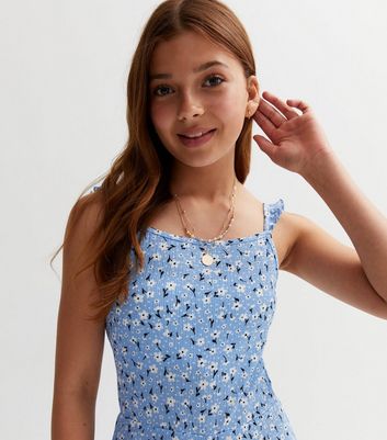 Girls Blue Floral Jersey Frill Strappy Jumpsuit New Look